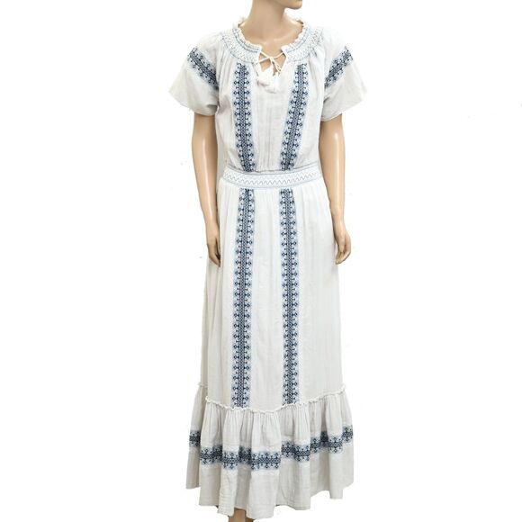 Faherty Embroidered Tiered Long Maxi Dress Smocked Gauze Boho White S NWD 279724 - Picture 1 of 6